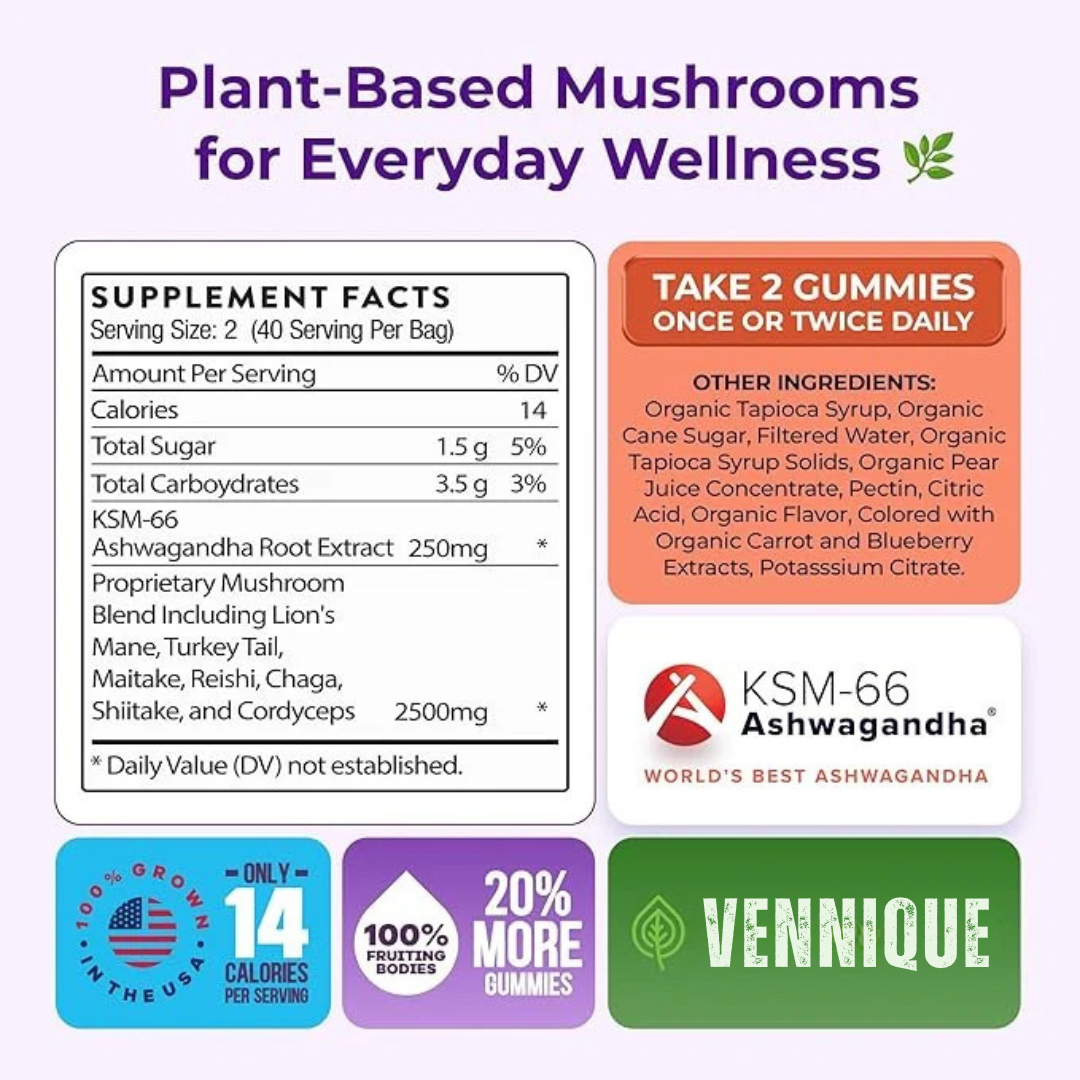 Pure Calm. Real Energy. With Vennique™ Mushroom Ashwagandha Gummies.