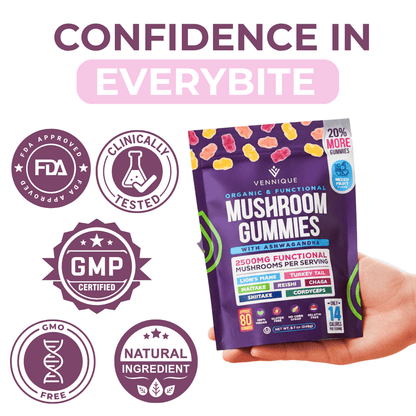 Pure Calm. Real Energy. With Vennique™ Mushroom Ashwagandha Gummies.