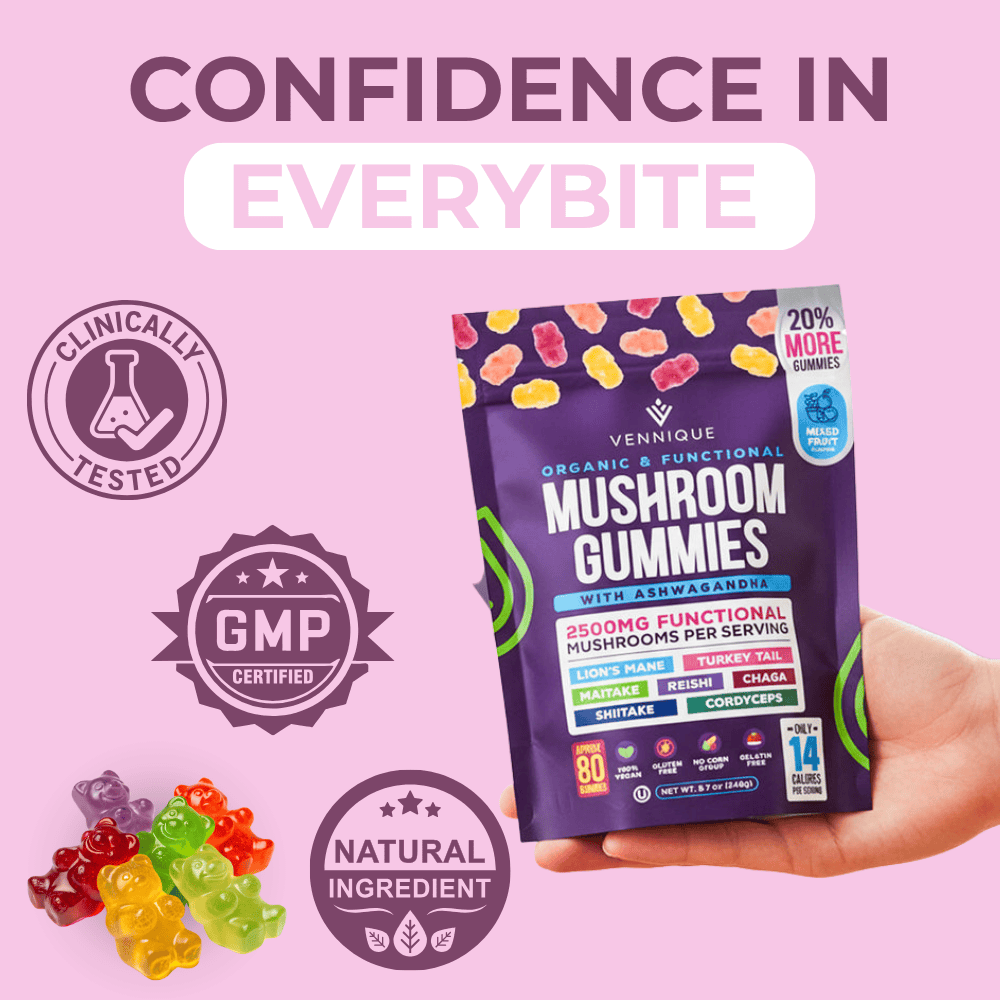 Pure Calm. Real Energy. With Vennique™ Mushroom Ashwagandha Gummies.