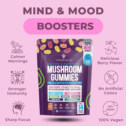 Pure Calm. Real Energy. With Vennique™ Mushroom Ashwagandha Gummies.